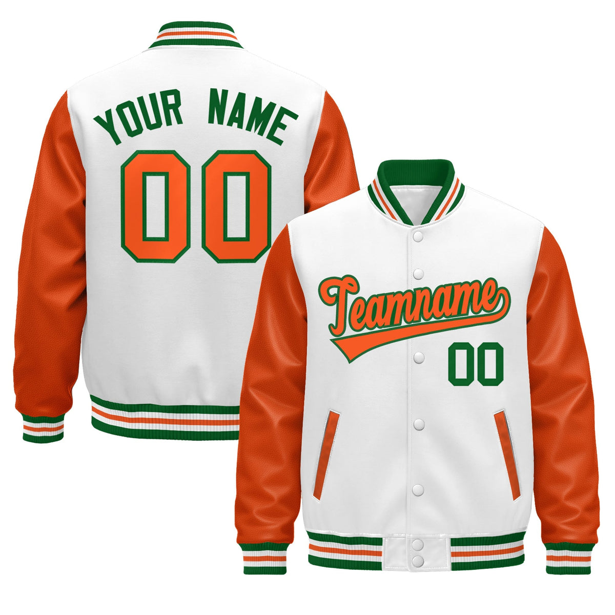 Custom White Orange Kelly Green Raglan Sleeves Varsity Full-Snap Leather Sleeves Letterman Jacket| KXKSHOP