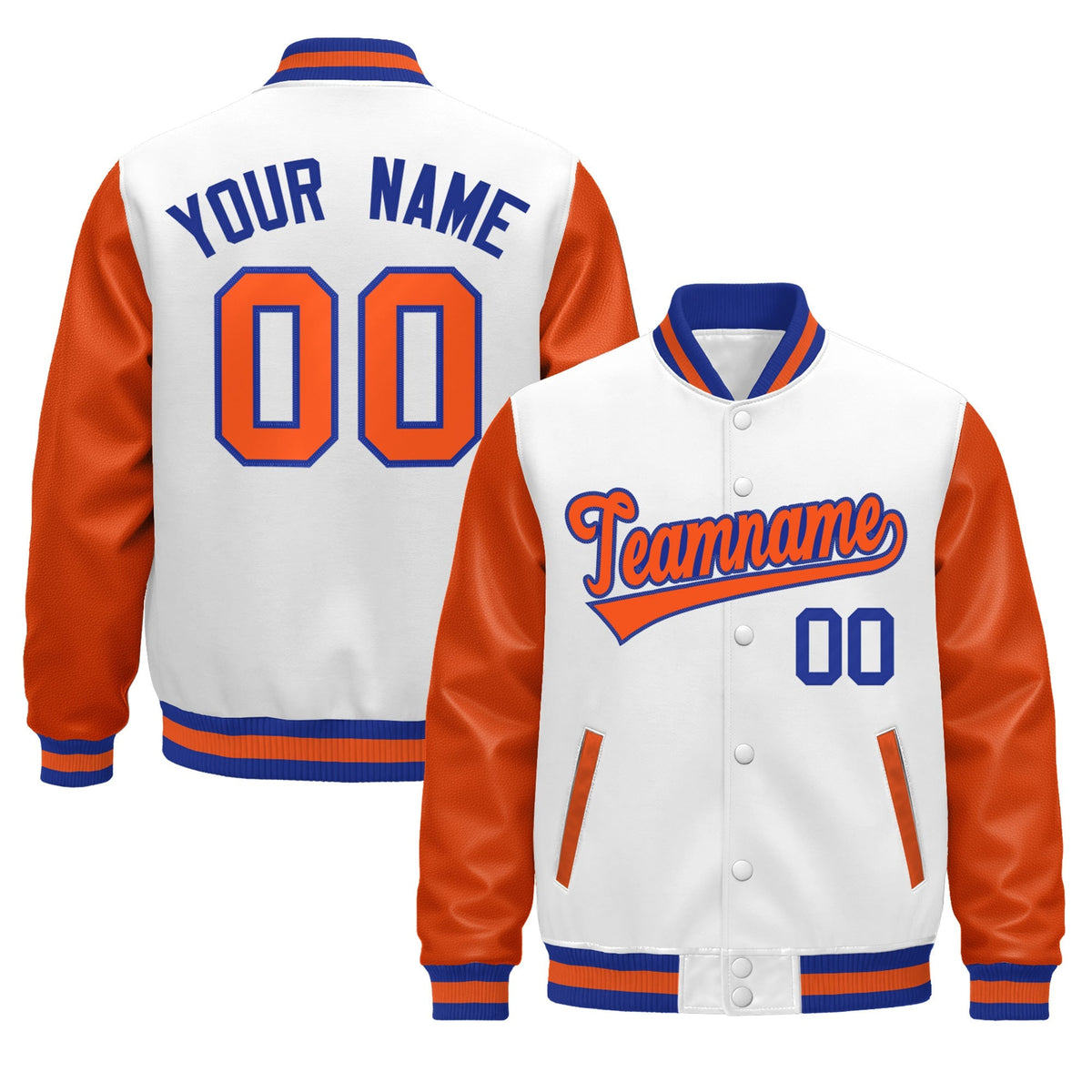 Custom Orange White Royal Blue Raglan Sleeves Varsity Full-Snap Leather Sleeves Letterman Jacket| KXKSHOP