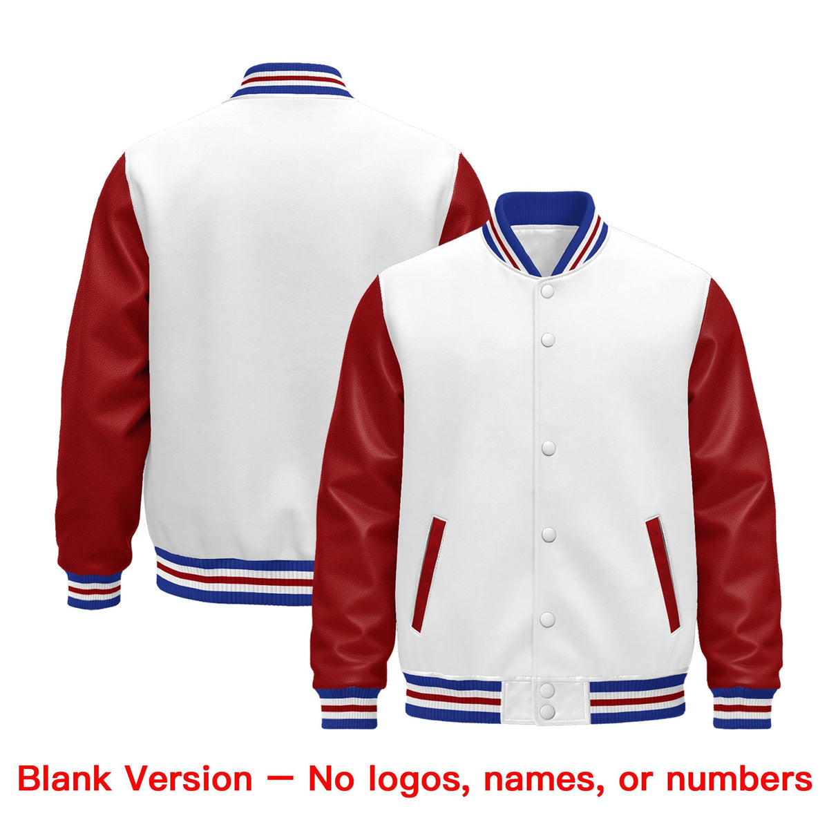 Custom White Red Royal Blue Raglan Sleeves Varsity Full-Snap Leather Sleeves Letterman Jacket| KXKSHOP