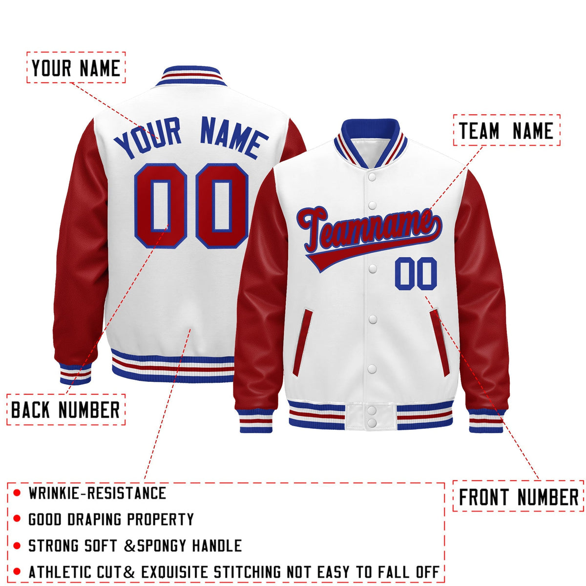 Custom White Red Royal Blue Raglan Sleeves Varsity Full-Snap Leather Sleeves Letterman Jacket| KXKSHOP