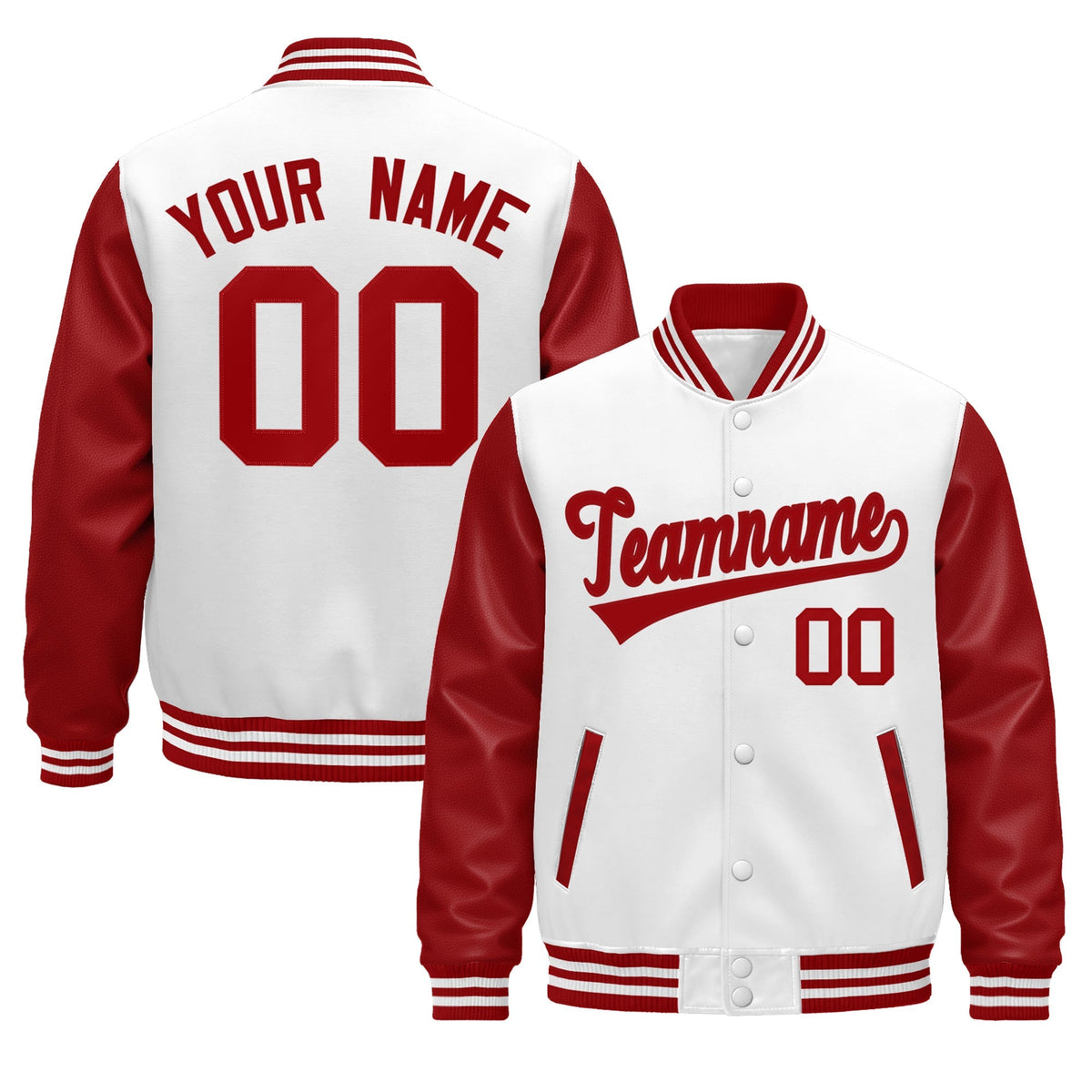 Custom Red White Raglan Sleeves Varsity Full-Snap Leather Sleeves Letterman Jacket| KXKSHOP