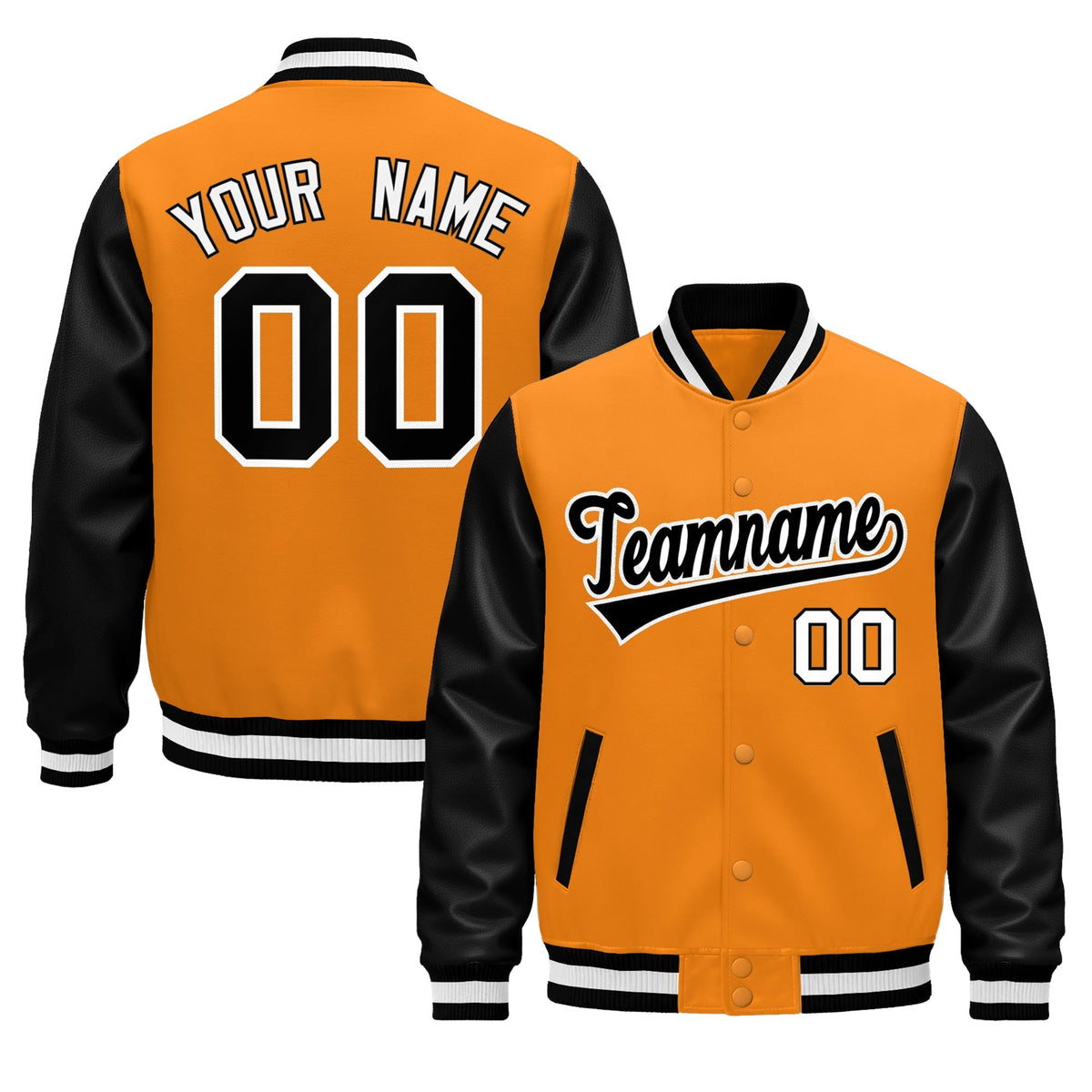 Custom Black Orange White Raglan Sleeves Varsity Full-Snap Leather Sleeves Letterman Jacket| KXKSHOP