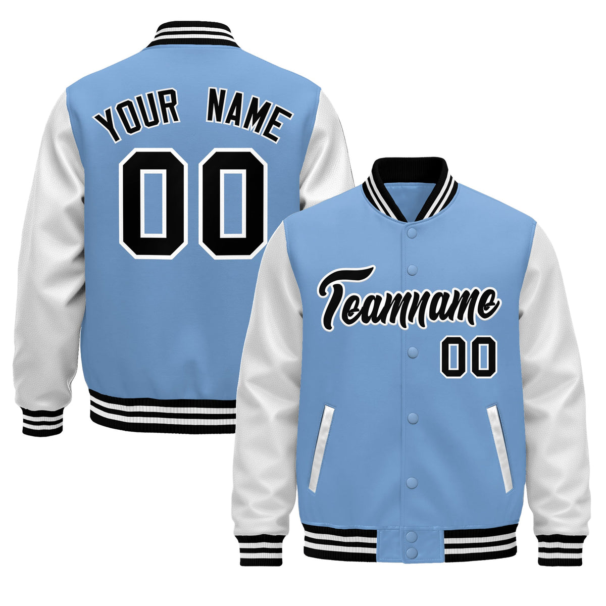Custom Light Blue Black White Raglan Sleeves Varsity Full-Snap Leather Sleeves Letterman Jacket| KXKSHOP