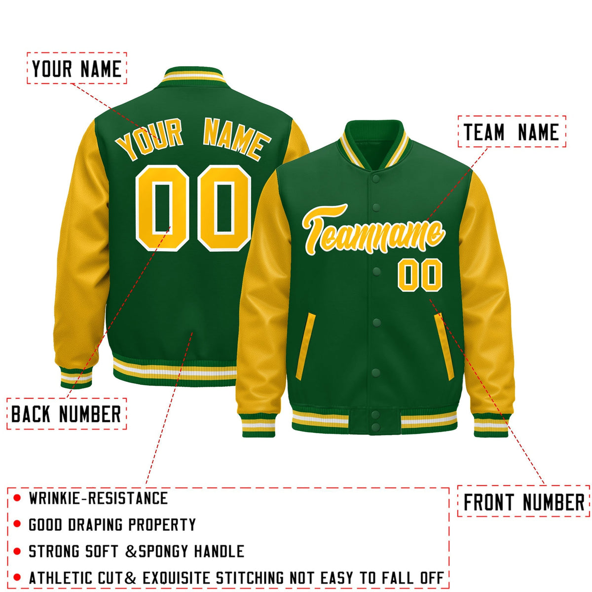 Custom Kelly Green Gold White Raglan Sleeves Varsity Full-Snap Leather Sleeves Letterman Jacket| KXKSHOP