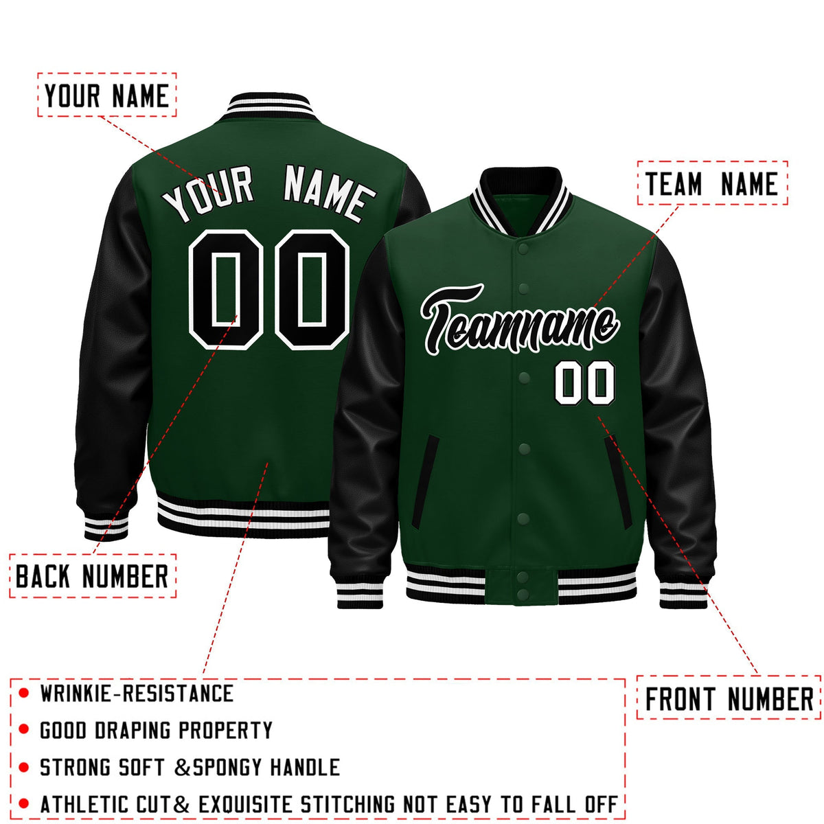 Custom Black Dark Green White Raglan Sleeves Varsity Full-Snap Leather Sleeves Letterman Jacket| KXKSHOP