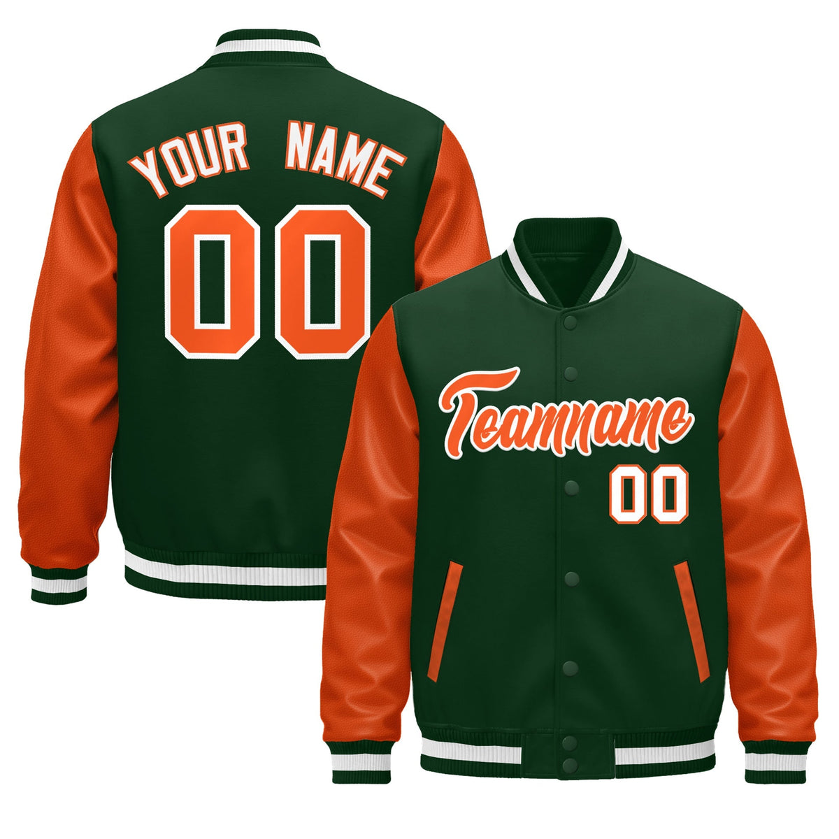Custom Dark Green Orange White Raglan Sleeves Varsity Full-Snap Leather Sleeves Letterman Jacket| KXKSHOP