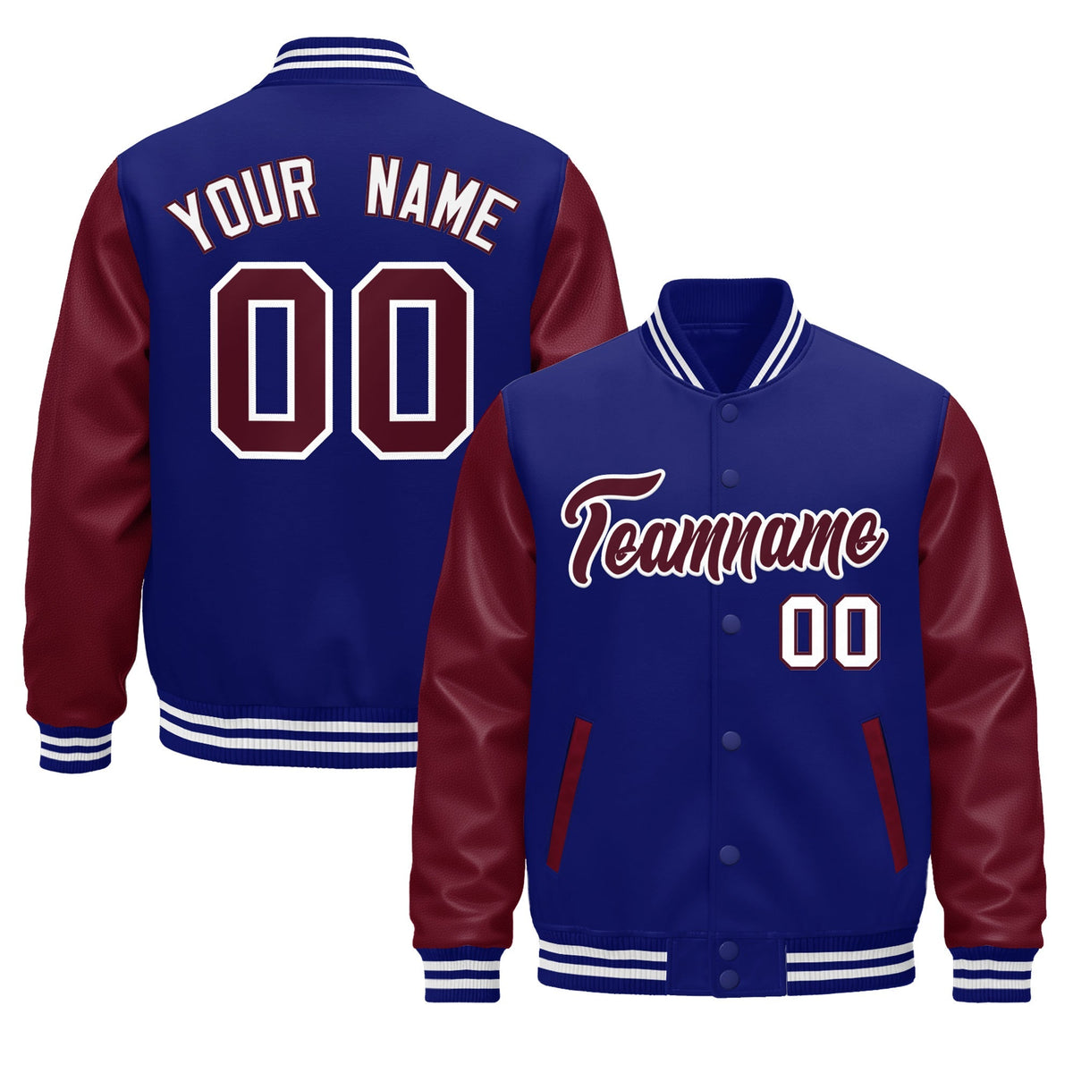 Custom Royal Blue Burgundy White Raglan Sleeves Varsity Full-Snap Leather Sleeves Letterman Jacket| KXKSHOP