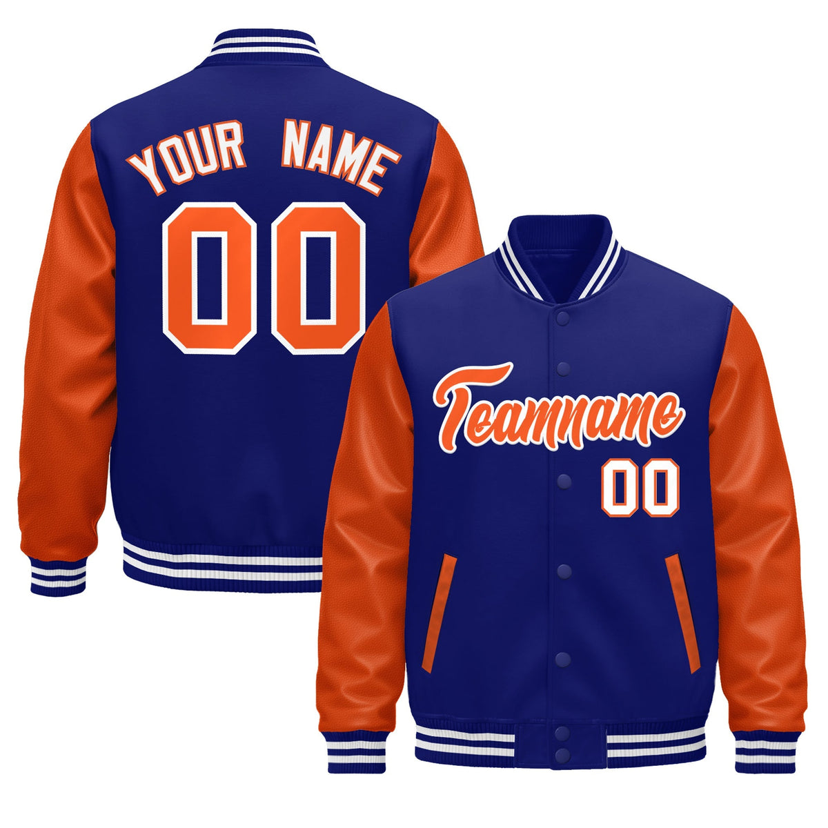 Custom Royal Blue Orange White Raglan Sleeves Varsity Full-Snap Leather Sleeves Letterman Jacket| KXKSHOP