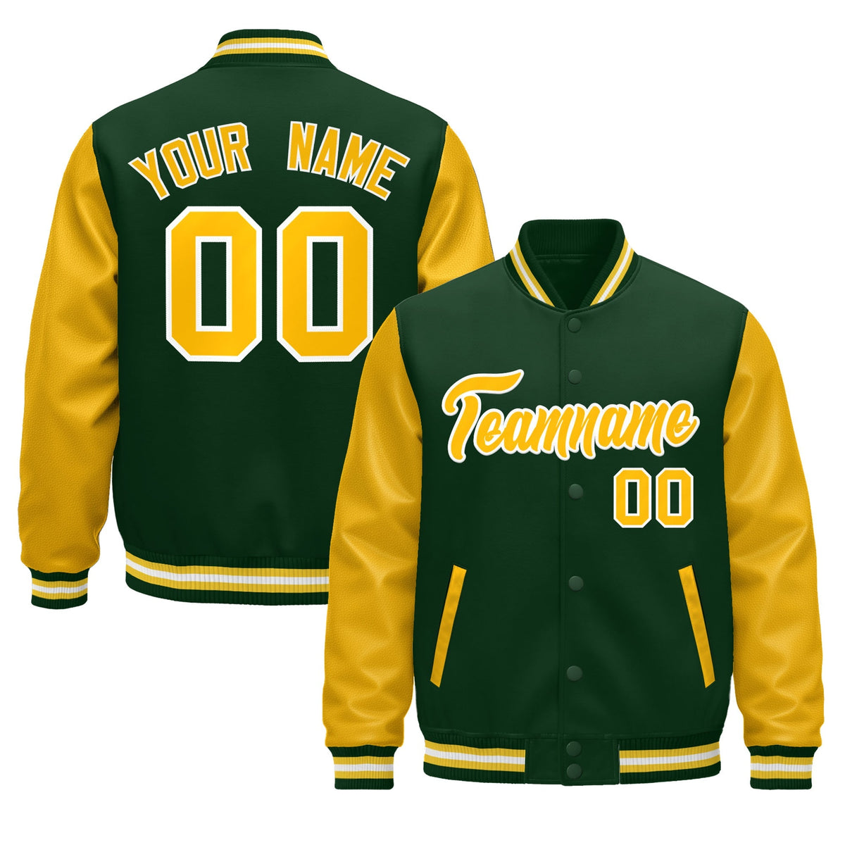Custom Dark Green Gold White Raglan Sleeves Varsity Full-Snap Leather Sleeves Letterman Jacket| KXKSHOP