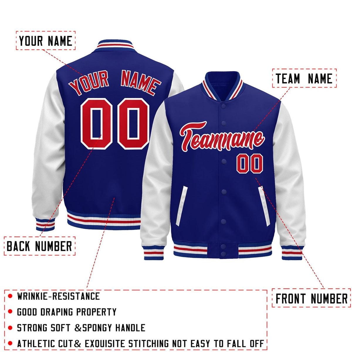 Custom Royal Blue White Red Raglan Sleeves Varsity Full-Snap Leather Sleeves Letterman Jacket| KXKSHOP