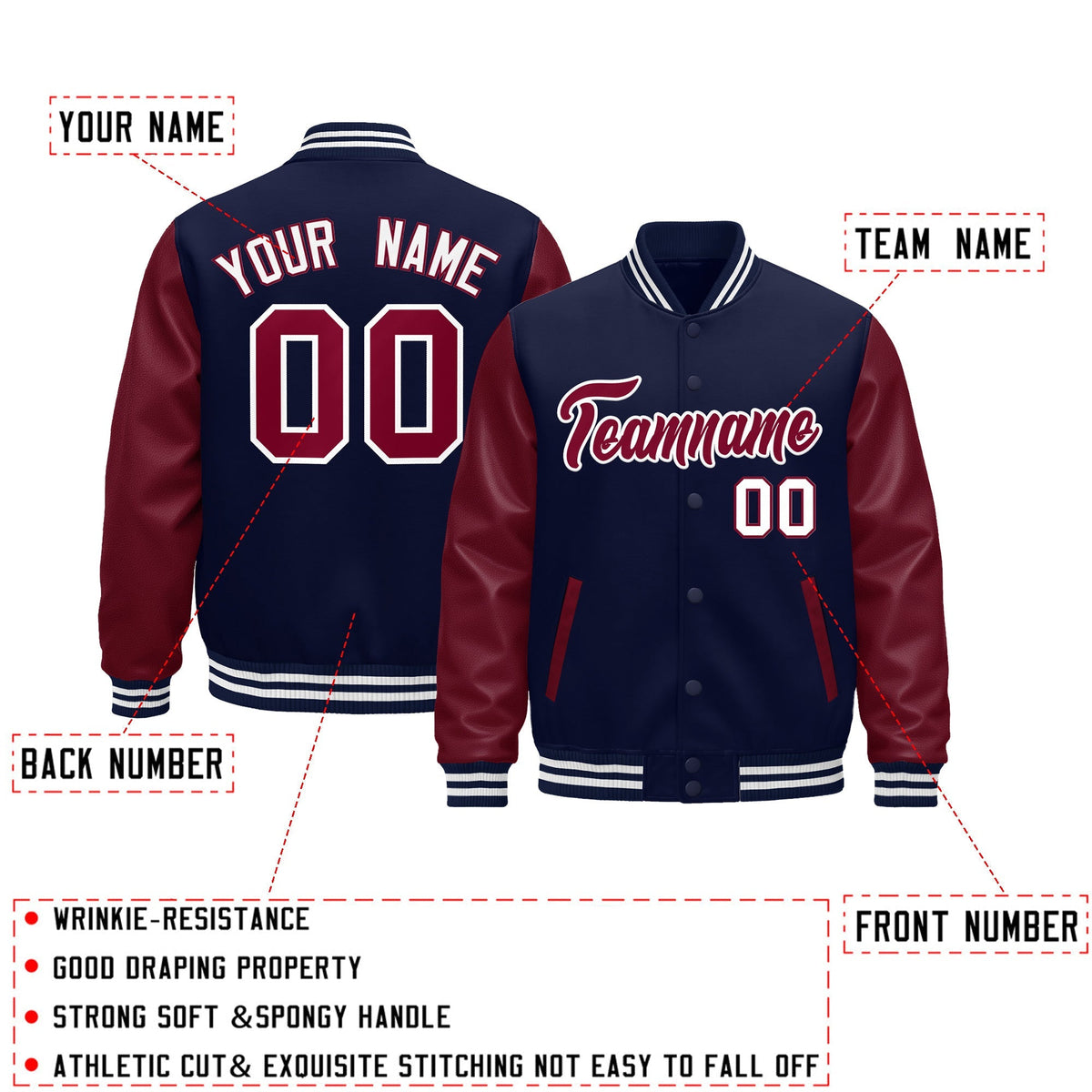 Custom Navy Burgundy White Crimson Raglan Sleeves Varsity Full-Snap Leather Sleeves Letterman Jacket| KXKSHOP