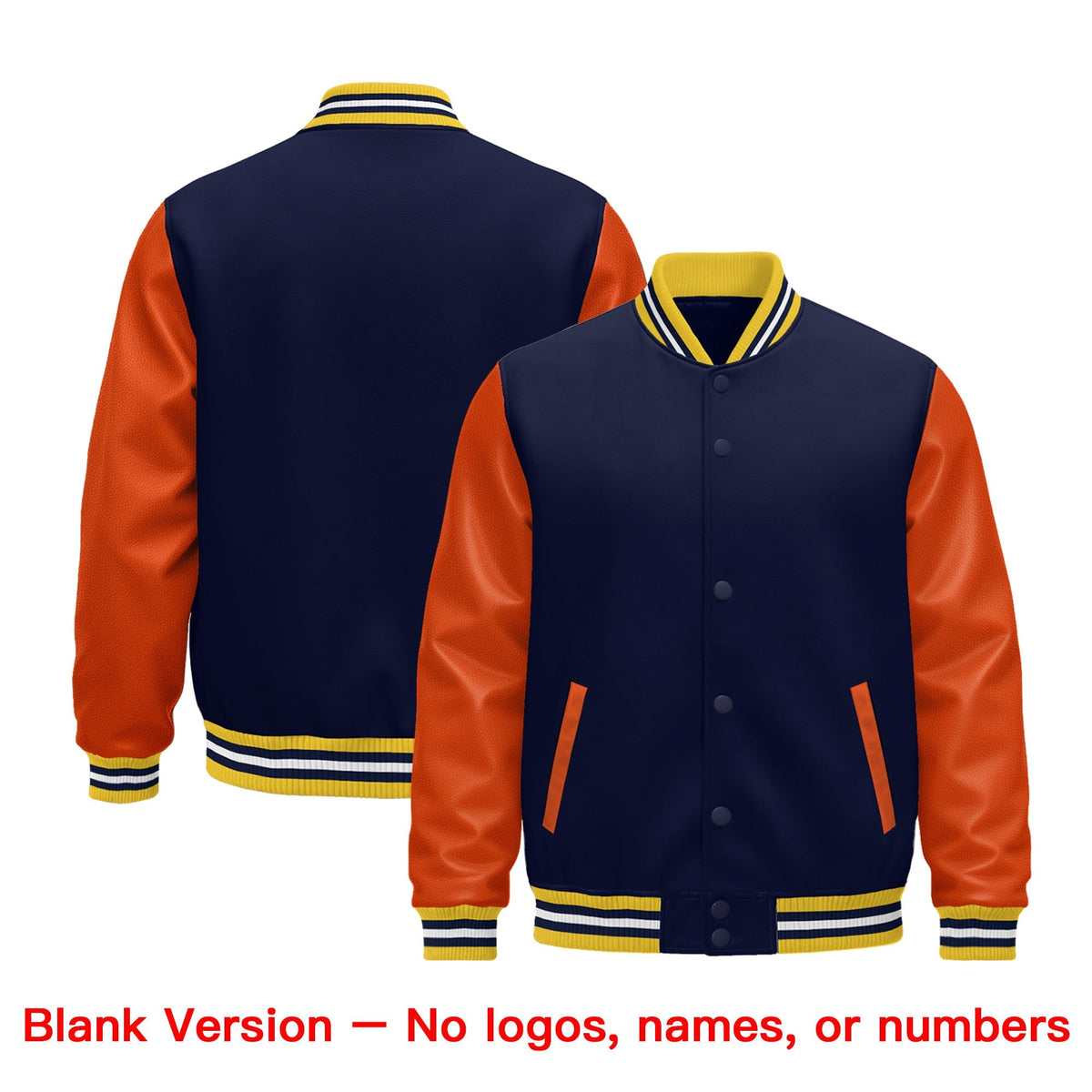 Custom Gold Orange Navy White Raglan Sleeves Varsity Full-Snap Leather Sleeves Letterman Jacket| KXKSHOP