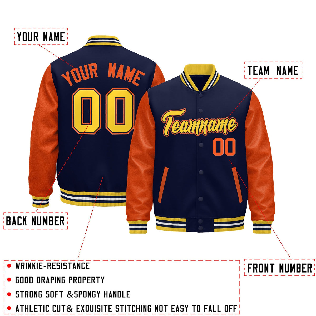 Custom Gold Orange Navy White Raglan Sleeves Varsity Full-Snap Leather Sleeves Letterman Jacket| KXKSHOP
