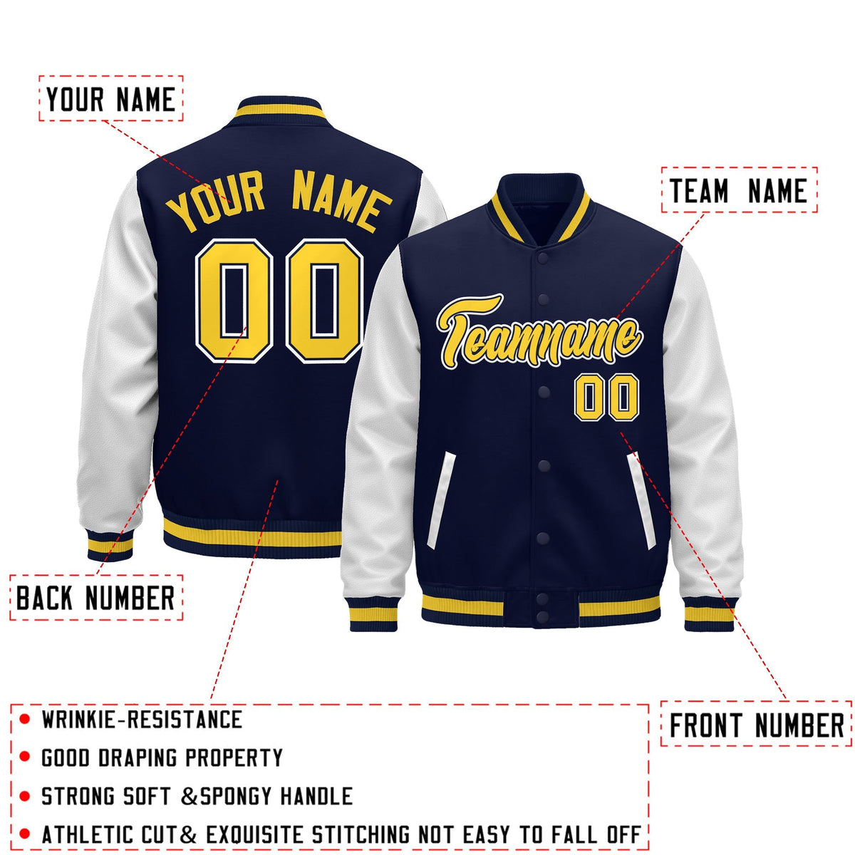 Custom Navy White Gold Raglan Sleeves Varsity Full-Snap Leather Sleeves Letterman Jacket| KXKSHOP