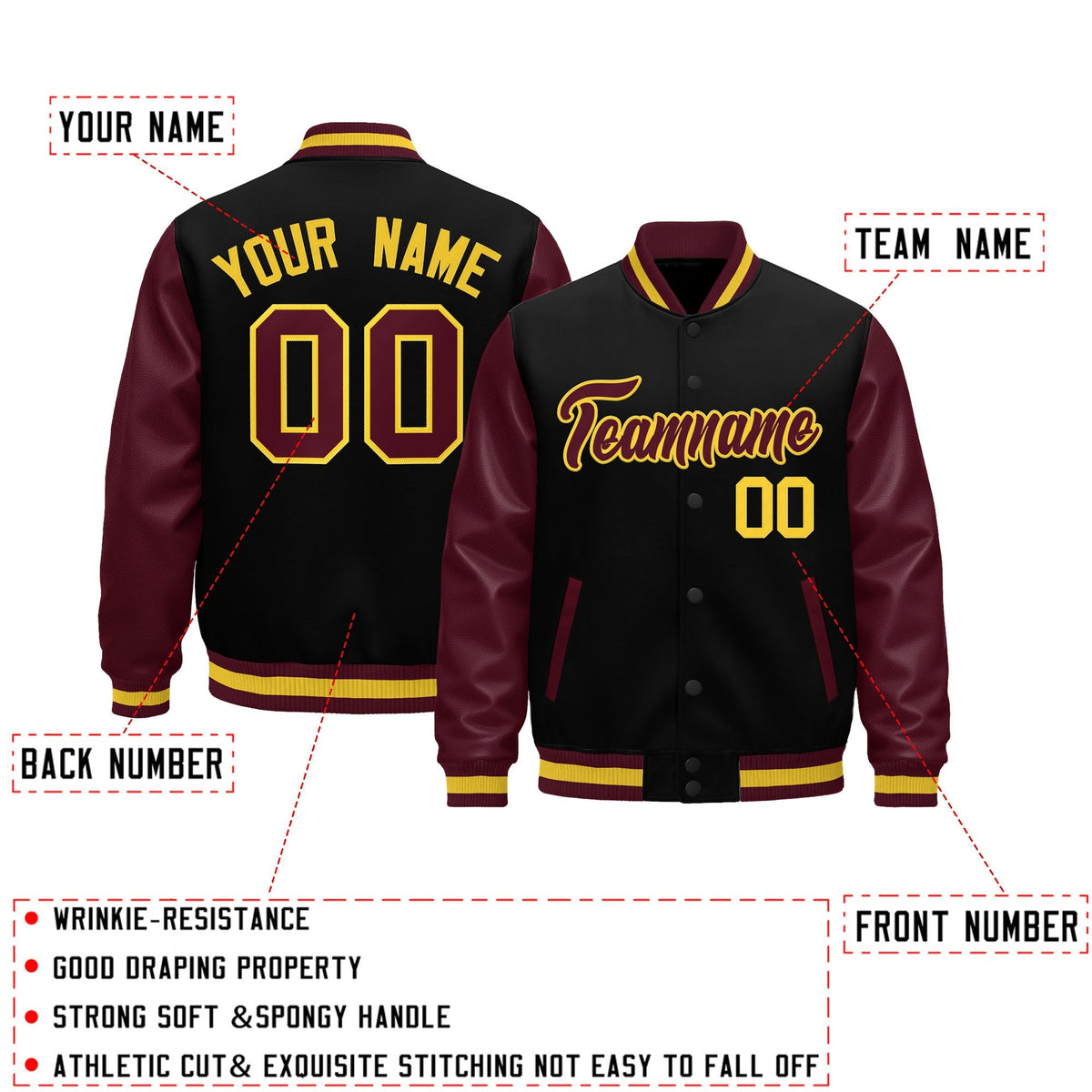 Custom Burgundy Black Crimson Gold Raglan Sleeves Varsity Full-Snap Leather Sleeves Letterman Jacket| KXKSHOP