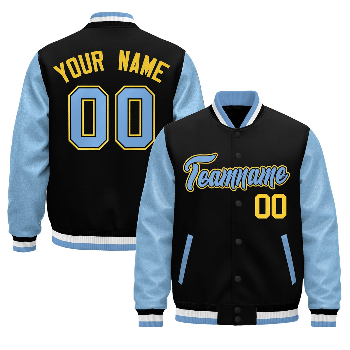 Custom Black Light Blue White Raglan Sleeves Varsity Full-Snap Leather Sleeves Letterman Jacket| KXKSHOP