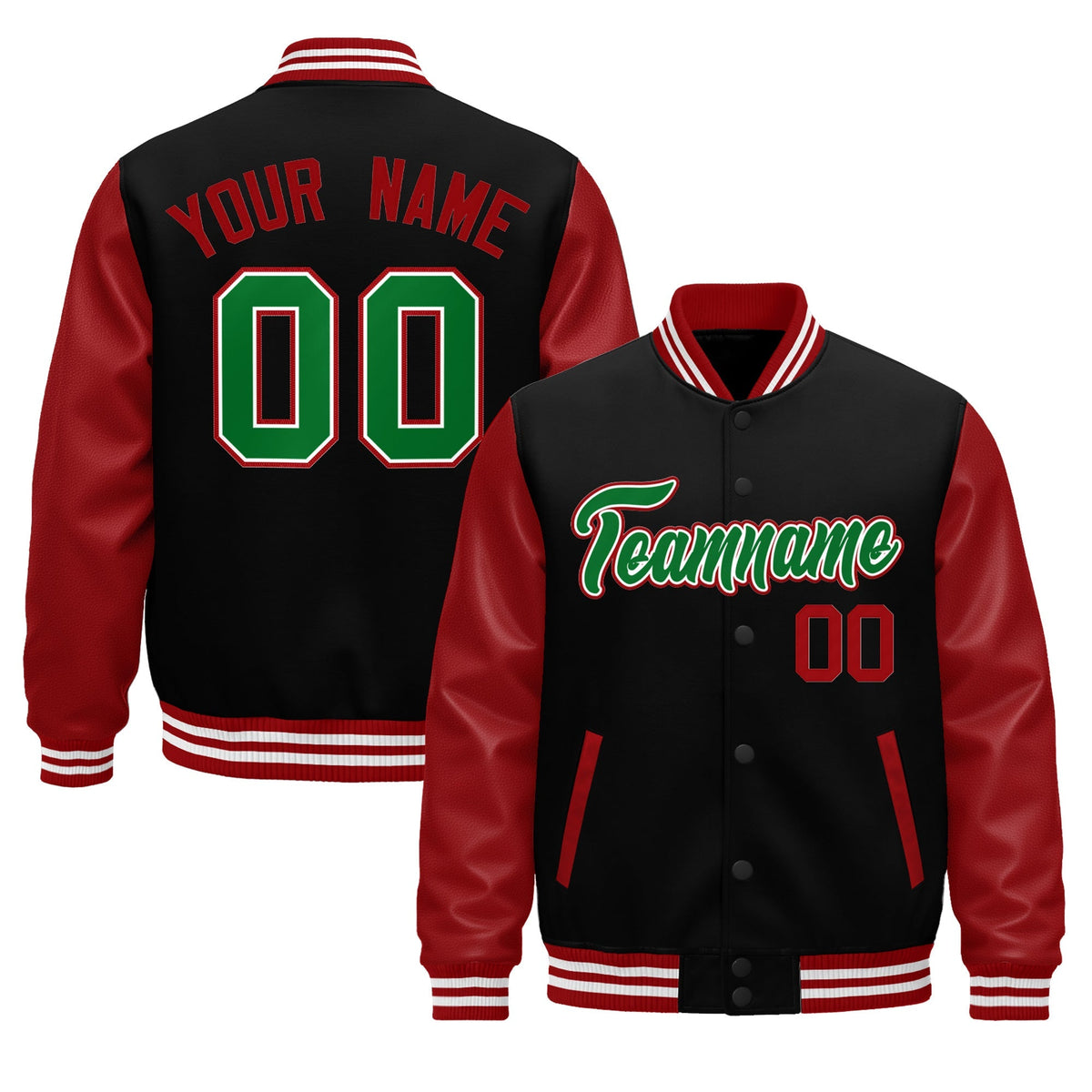 Custom Black Red Kelly Green Raglan Sleeves Varsity Full-Snap Leather Sleeves Letterman Jacket| KXKSHOP