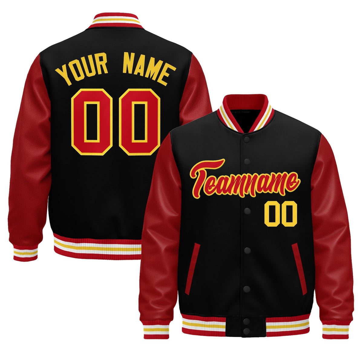 Custom Black Red White Gold Raglan Sleeves Varsity Full-Snap Leather Sleeves Letterman Jacket| KXKSHOP