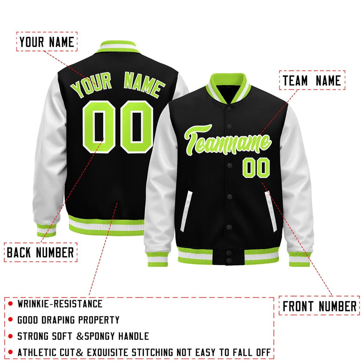 Custom Black Neon Green White Raglan Sleeves Varsity Full-Snap Leather Sleeves Letterman Jacket| KXKSHOP