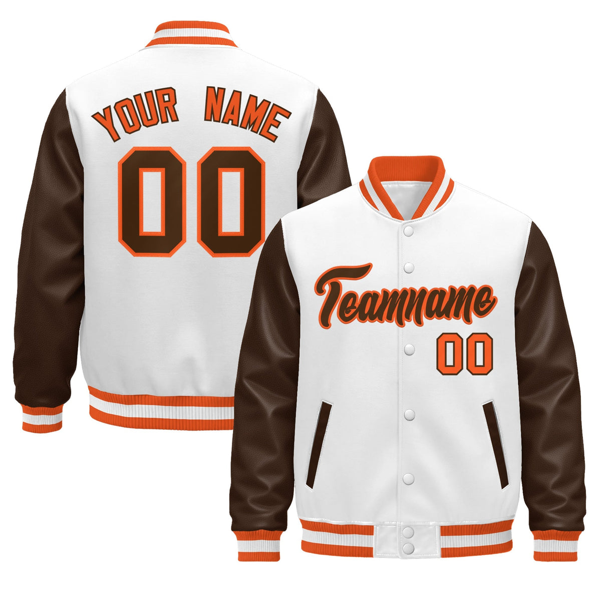 Custom White Brown Orange Raglan Sleeves Varsity Full-Snap Leather Sleeves Letterman Jacket| KXKSHOP