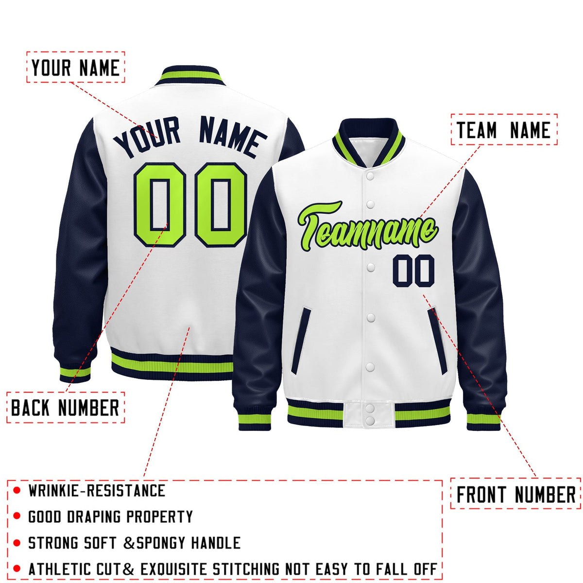 Custom Navy White Neon Green Raglan Sleeves Varsity Full-Snap Leather Sleeves Letterman Jacket| KXKSHOP
