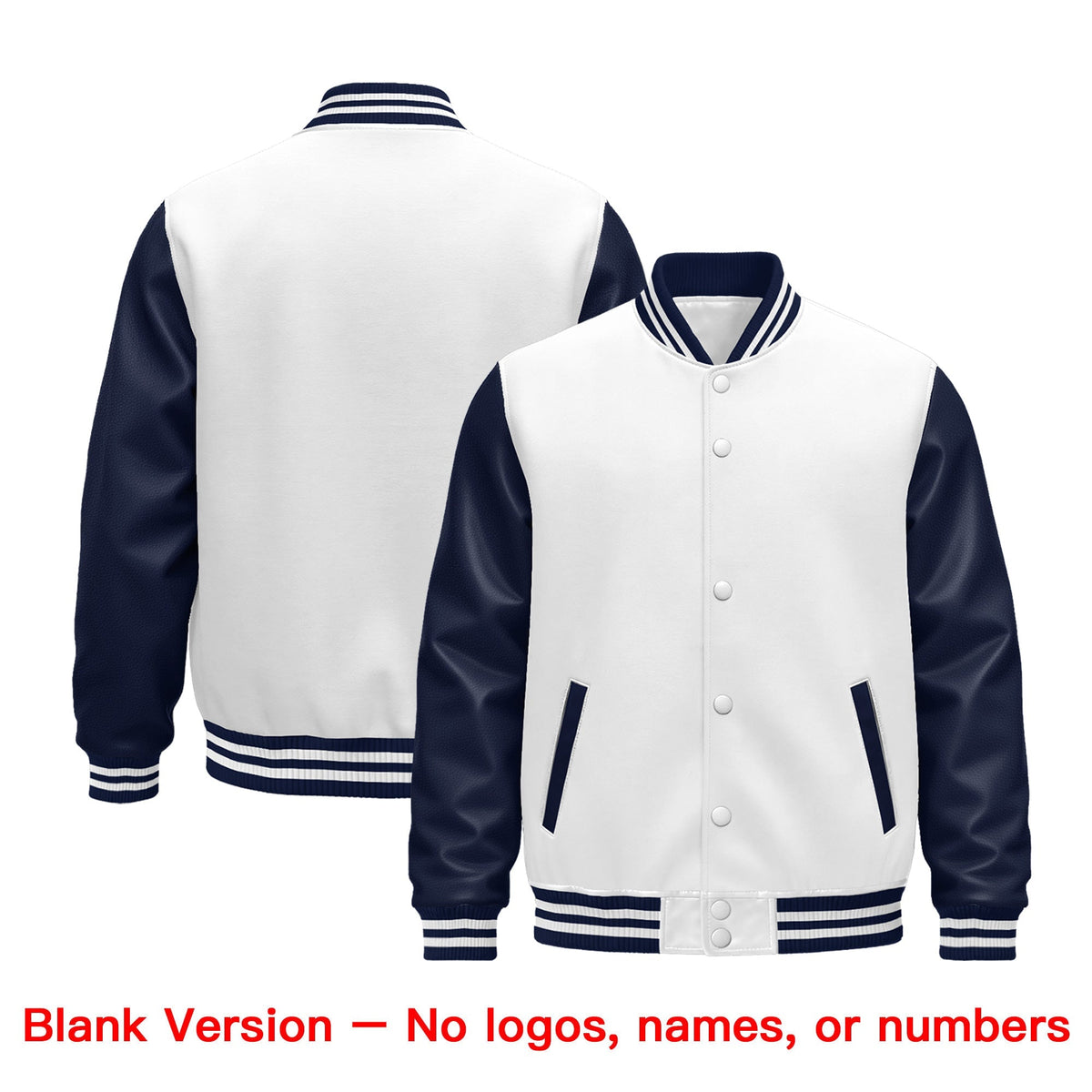 Custom Navy White Raglan Sleeves Varsity Full-Snap Leather Sleeves Letterman Jacket| KXKSHOP