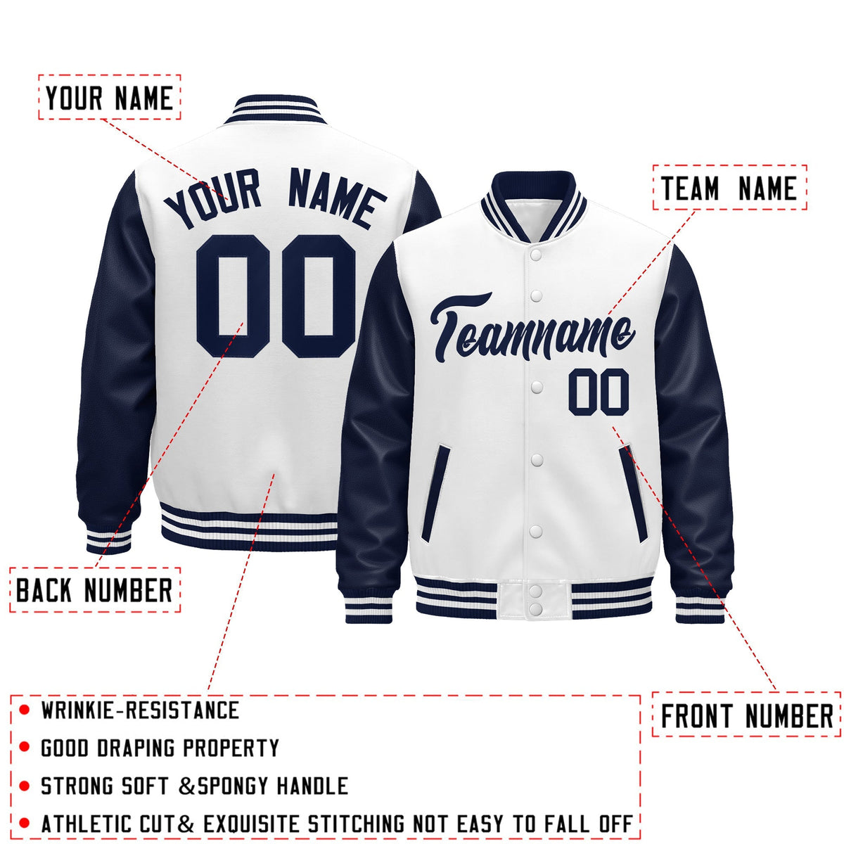 Custom Navy White Raglan Sleeves Varsity Full-Snap Leather Sleeves Letterman Jacket| KXKSHOP