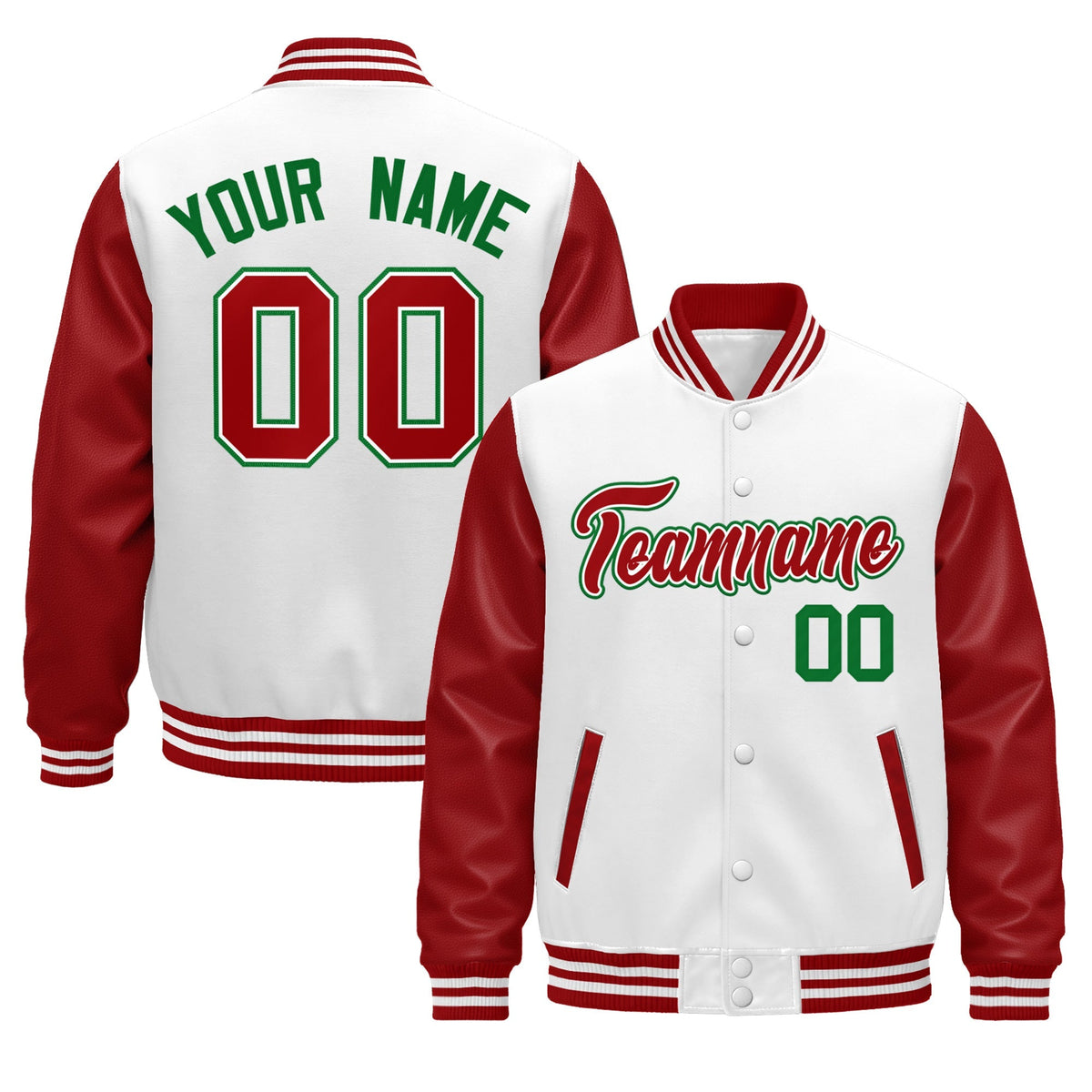 Custom Red White Kelly Green Raglan Sleeves Varsity Full-Snap Leather Sleeves Letterman Jacket| KXKSHOP