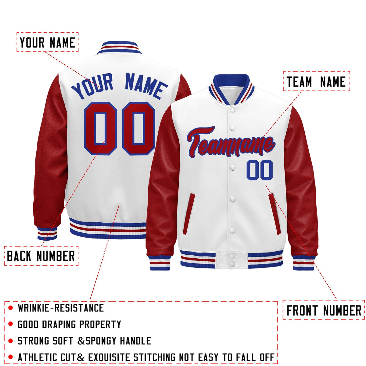 Custom White Red Royal Blue Raglan Sleeves Varsity Full-Snap Leather Sleeves Letterman Jacket| KXKSHOP