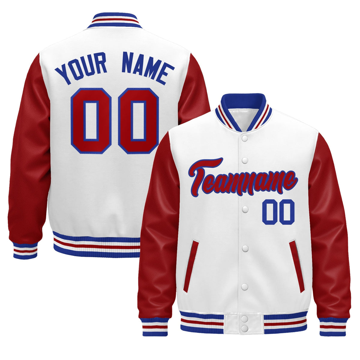 Custom White Red Royal Blue Raglan Sleeves Varsity Full-Snap Leather Sleeves Letterman Jacket| KXKSHOP
