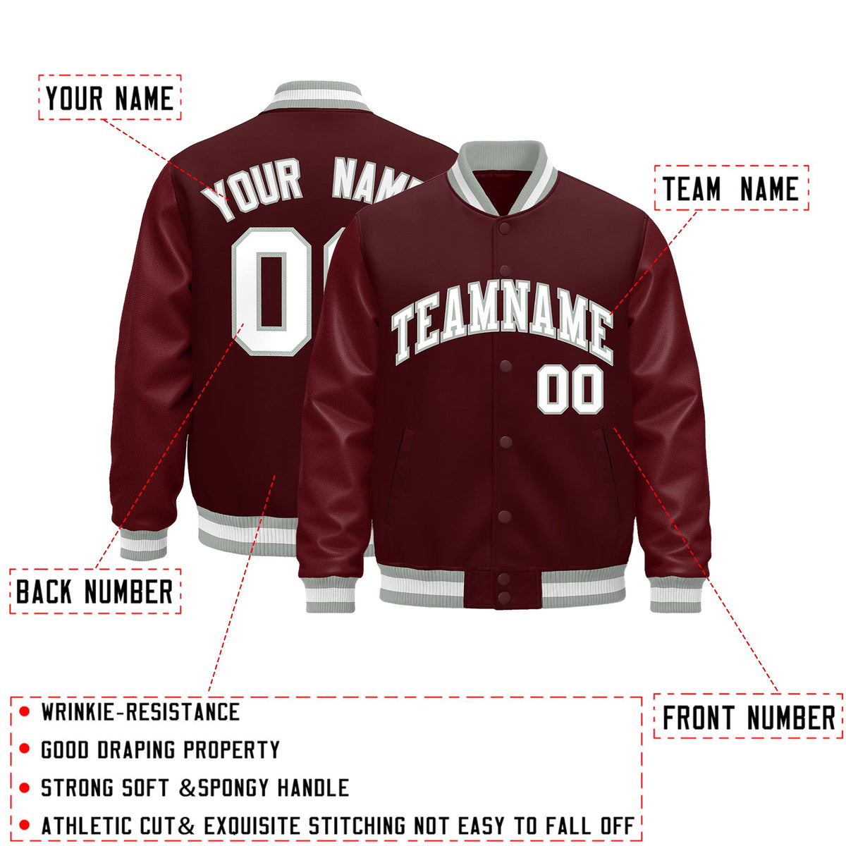 Custom Burgundy White Classic Style Leather Sleeves Wrinkle-Resistant Jacket| KXKSHOP
