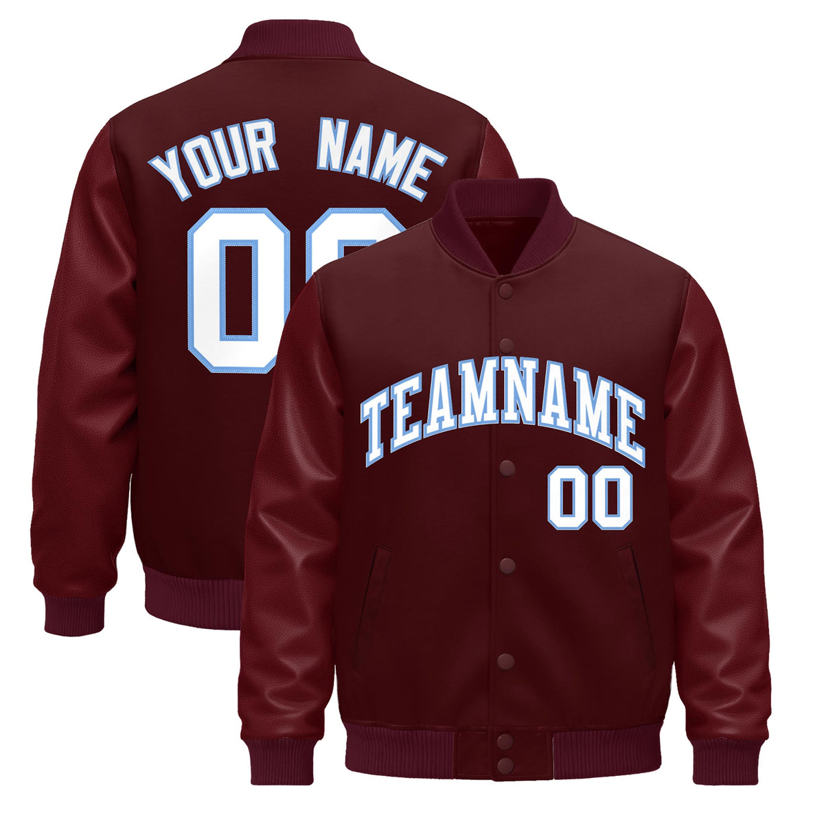 Custom Burgundy Light Blue Jacket - Classic Style Leather Sleeves Wrinkle-Resistant