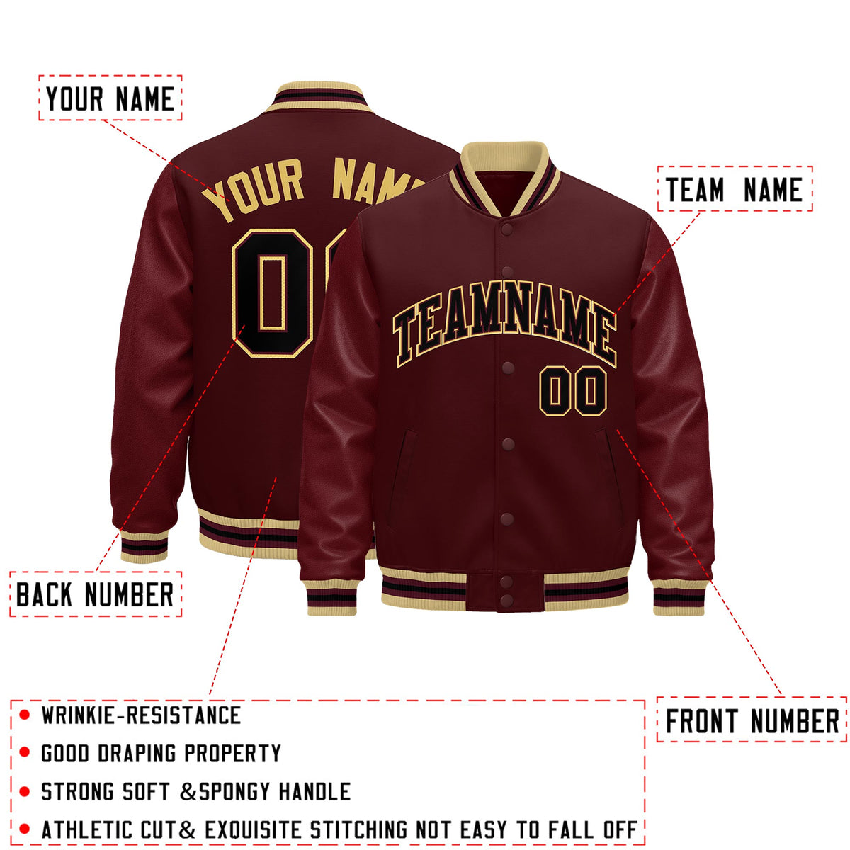 Custom Burgundy White Classic Style Leather Sleeves Wrinkle-Resistant Jacket| KXKSHOP