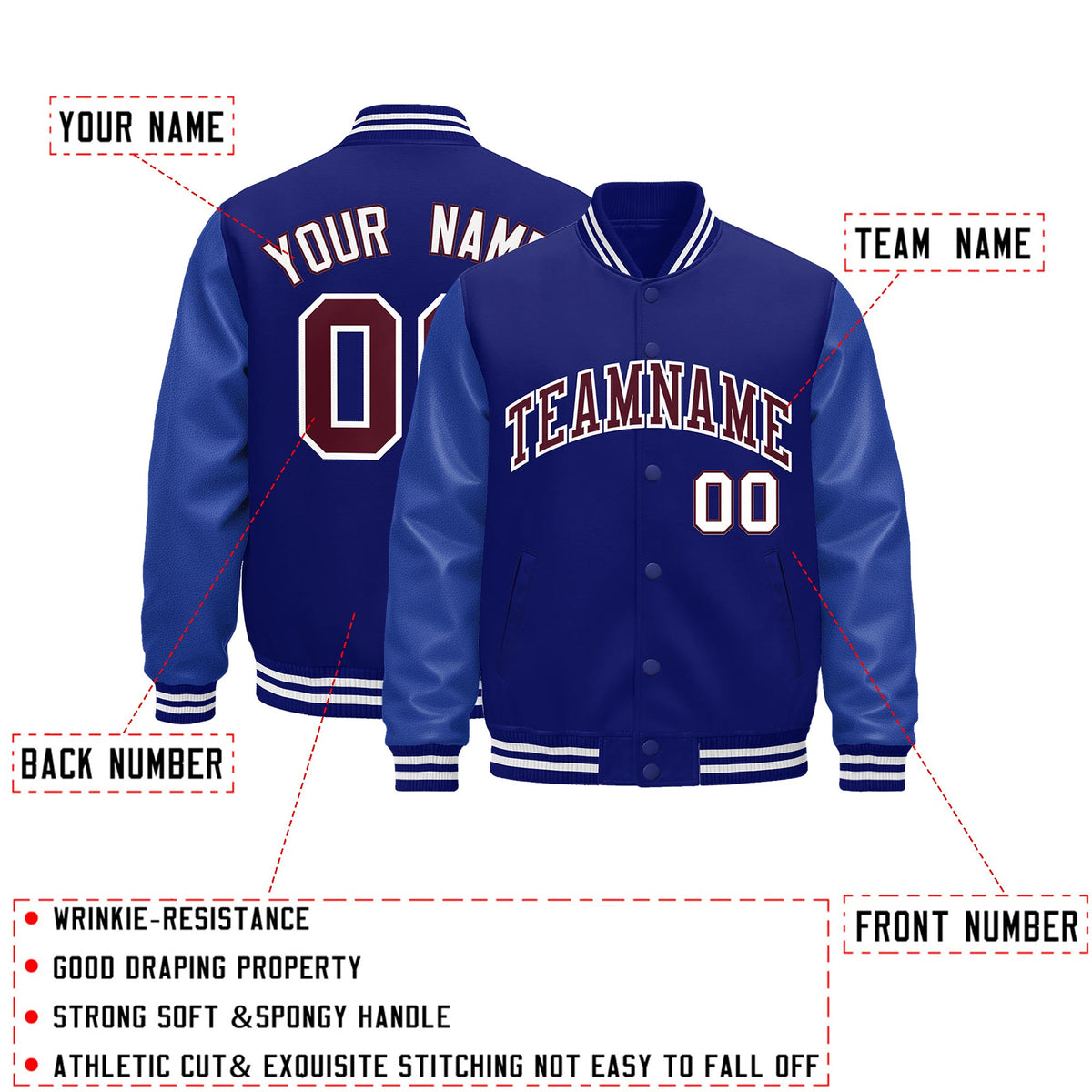 Custom Royal Blue White Classic Style Leather Sleeves Wrinkle-Resistant Jacket| KXKSHOP
