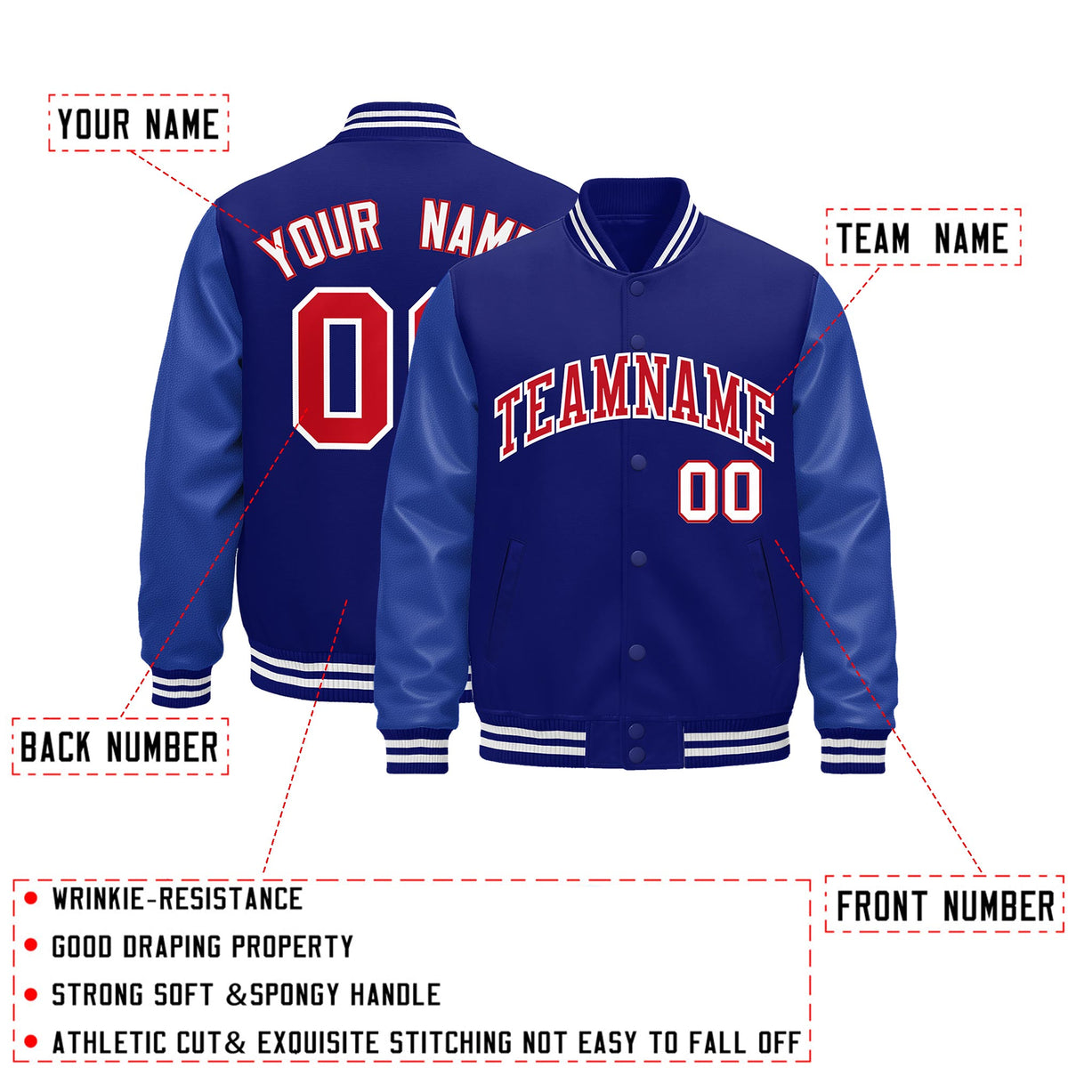Custom Royal Blue White Classic Style Leather Sleeves Wrinkle-Resistant Jacket| KXKSHOP