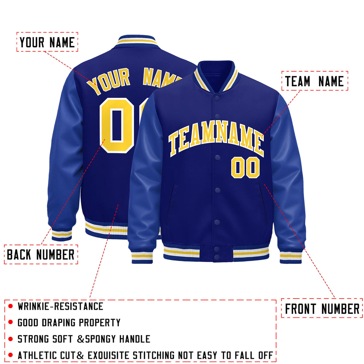 Custom Royal Blue White Classic Style Leather Sleeves Wrinkle-Resistant Jacket| KXKSHOP