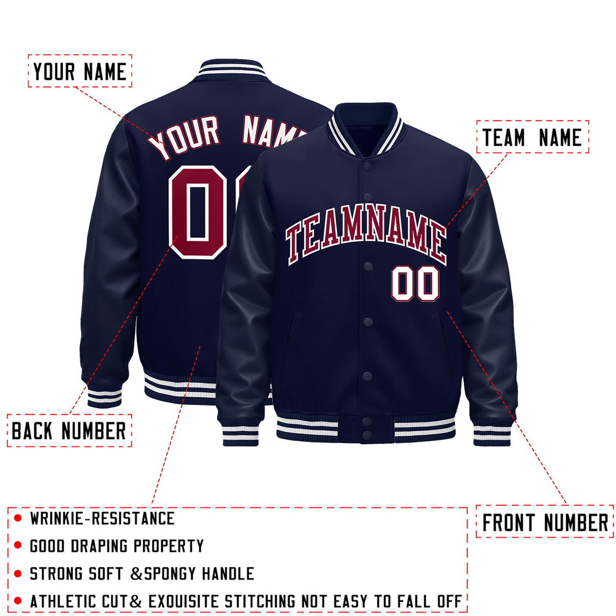 Custom Navy White Classic Style Leather Sleeves Wrinkle-Resistant Jacket| KXKSHOP
