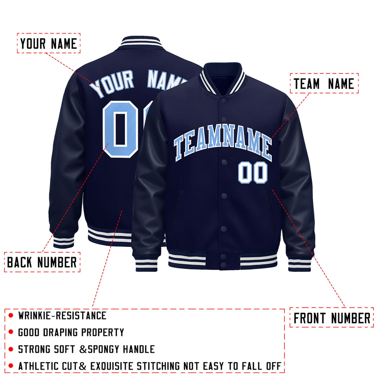 Custom Navy White Classic Style Leather Sleeves Wrinkle-Resistant Jacket| KXKSHOP