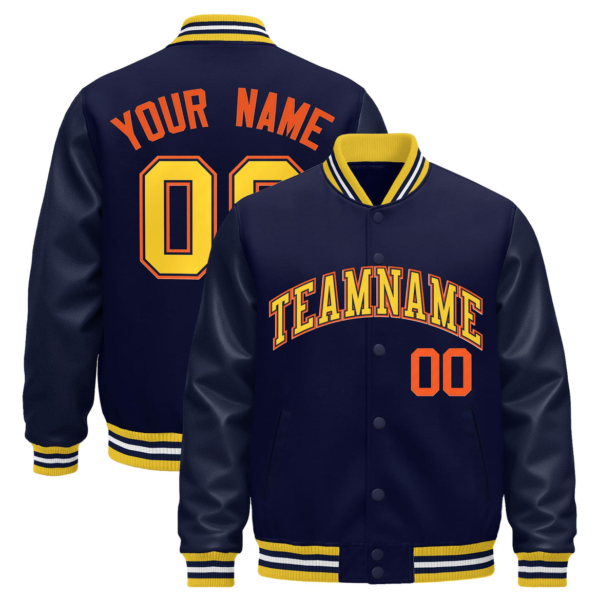 Custom Navy yellow Jacket - Classic Style Leather Sleeves Wrinkle-Resistant