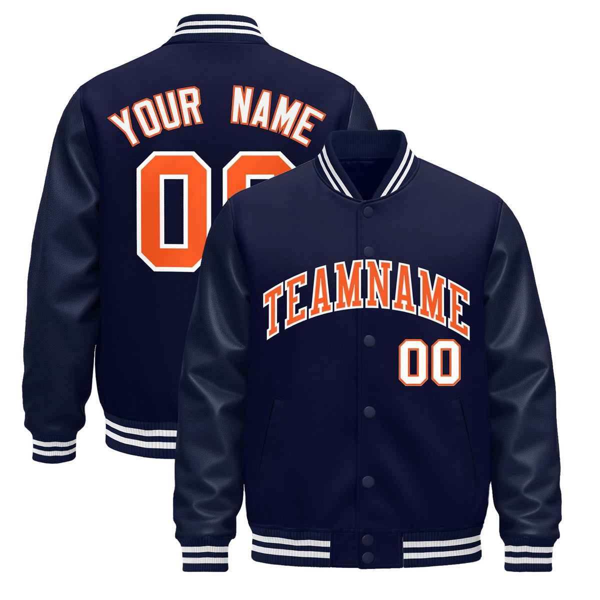 Custom Navy Orange Jacket - Classic Style Leather Sleeves Wrinkle-Resistant