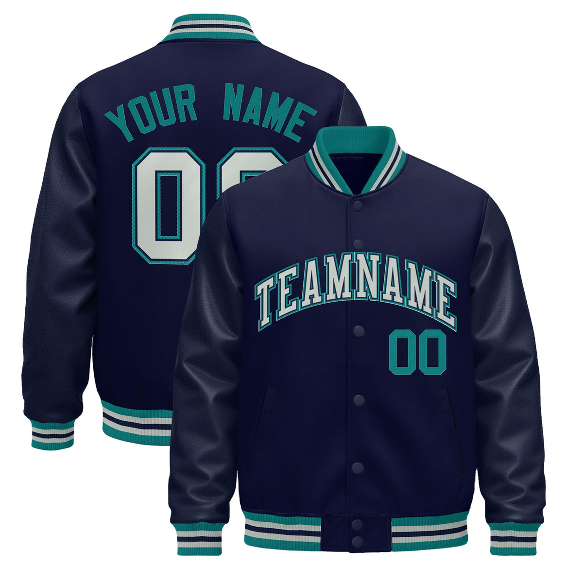 Custom Navy Teal Gray Jacket - Classic Style Leather Sleeves Wrinkle-Resistant