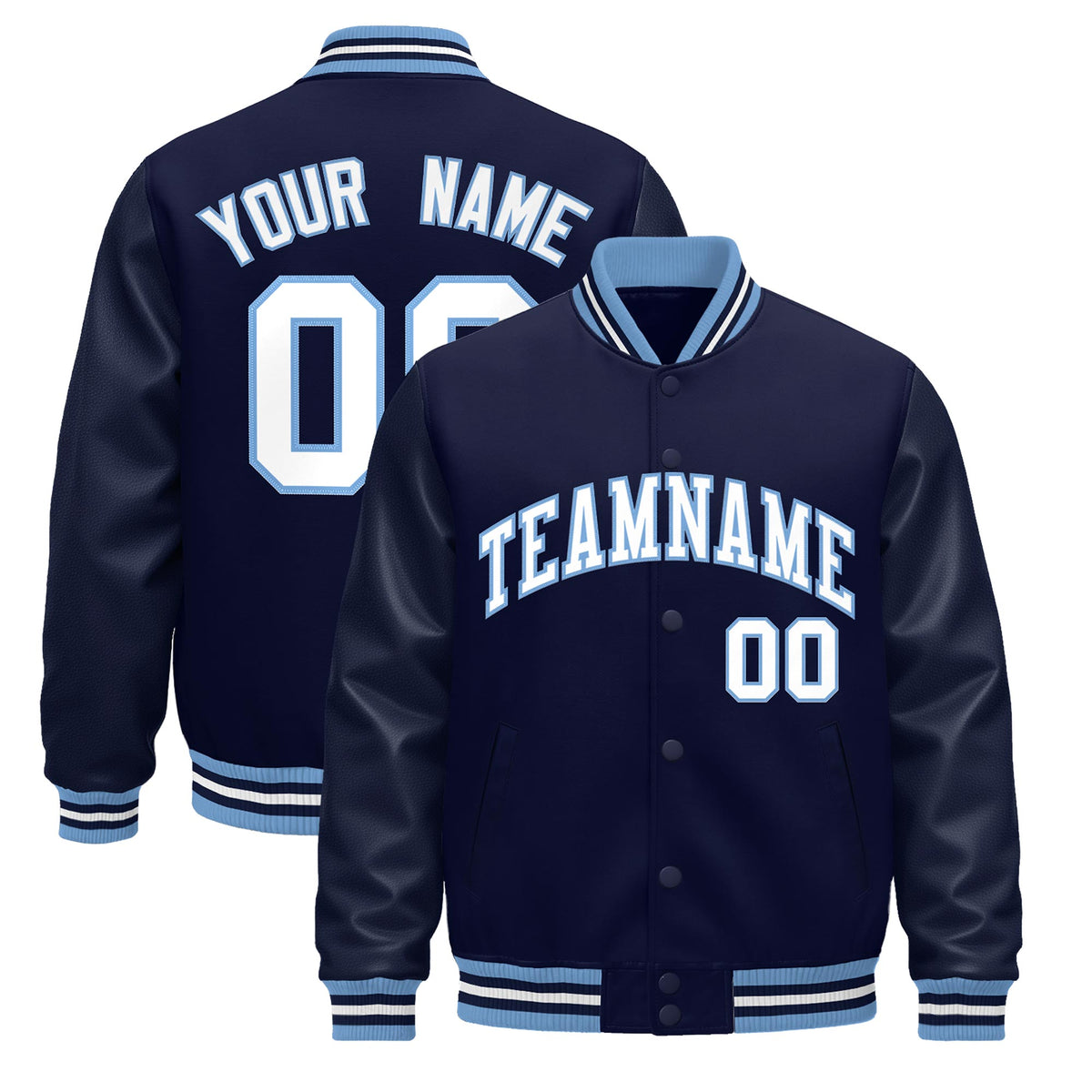 Custom Navy White Light Blue Jacket - Classic Style Leather Sleeves Wrinkle-Resistant