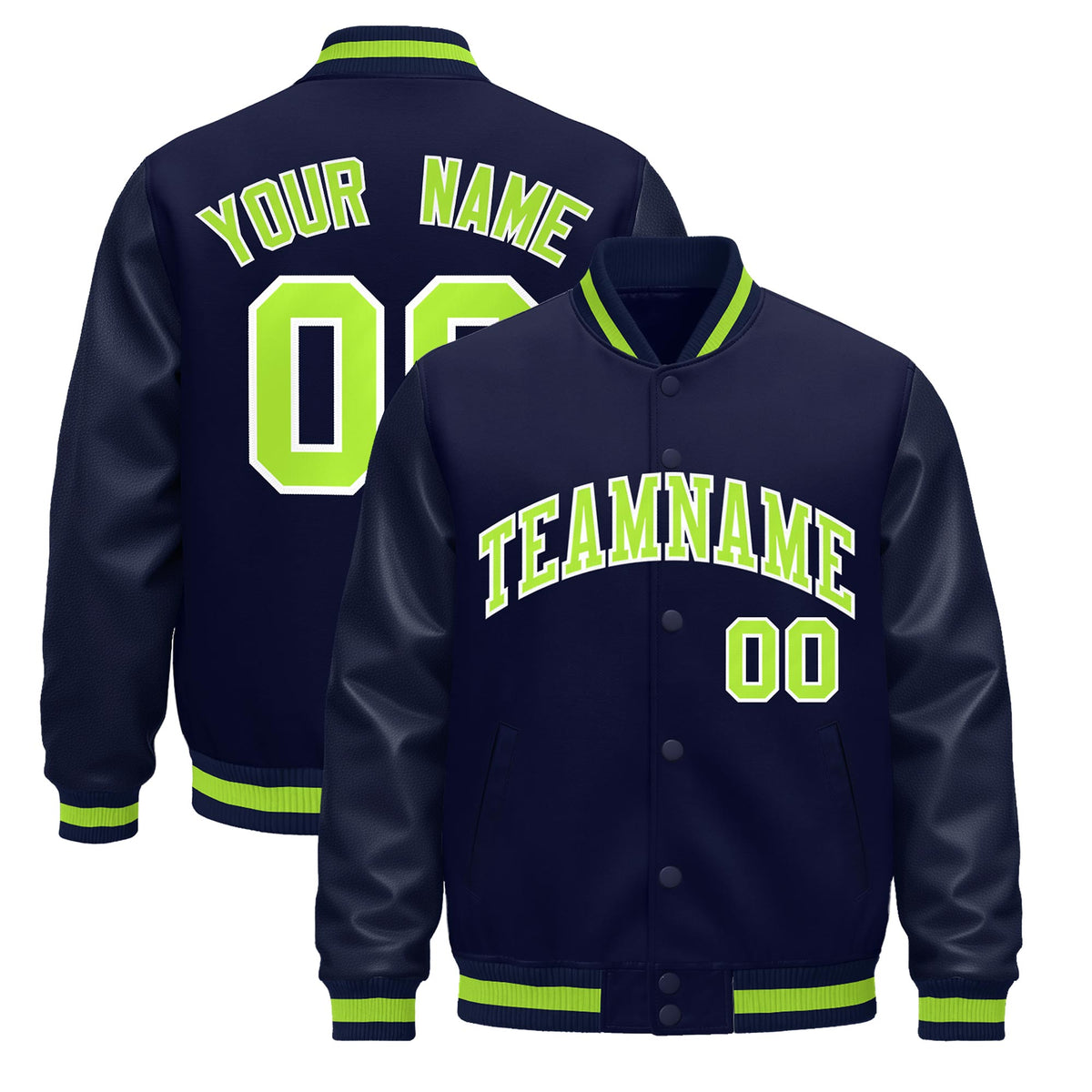 Custom Navy Neon Green Jacket - Classic Style Leather Sleeves Wrinkle-Resistant
