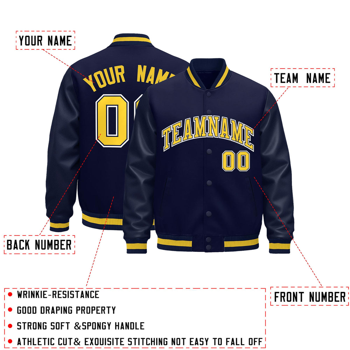 Custom Navy Gold Classic Style Leather Sleeves Wrinkle-Resistant Jacket| KXKSHOP