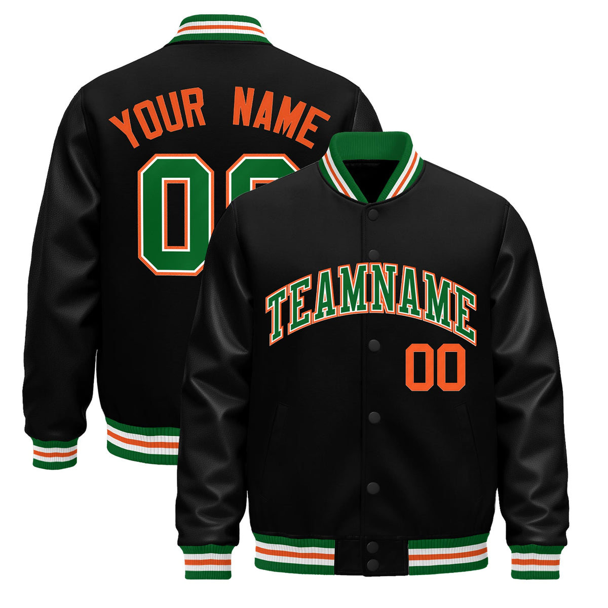 Custom Black Kelly Green White Jacket - Classic Style Leather Sleeves Wrinkle-Resistant