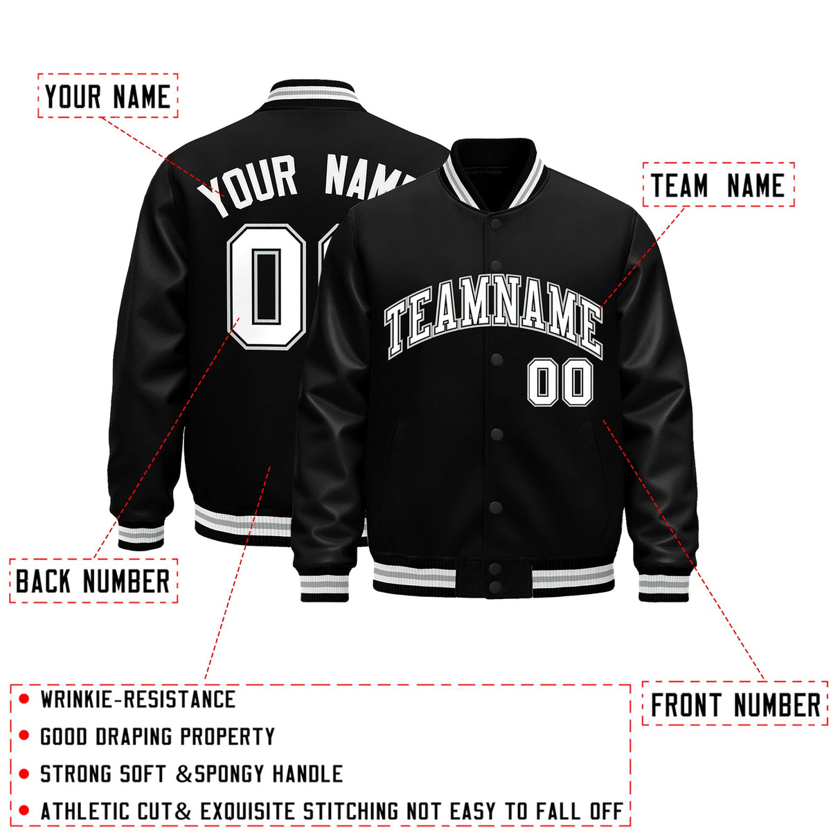 Custom Black White Gray Classic Style Leather Sleeves Wrinkle-Resistant Jacket| KXKSHOP