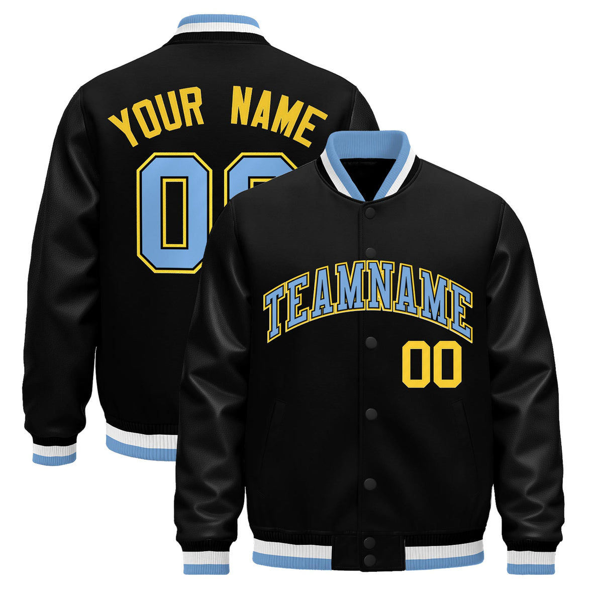 Custom Black Light Blue White Jacket - Classic Style Leather Sleeves Wrinkle-Resistant