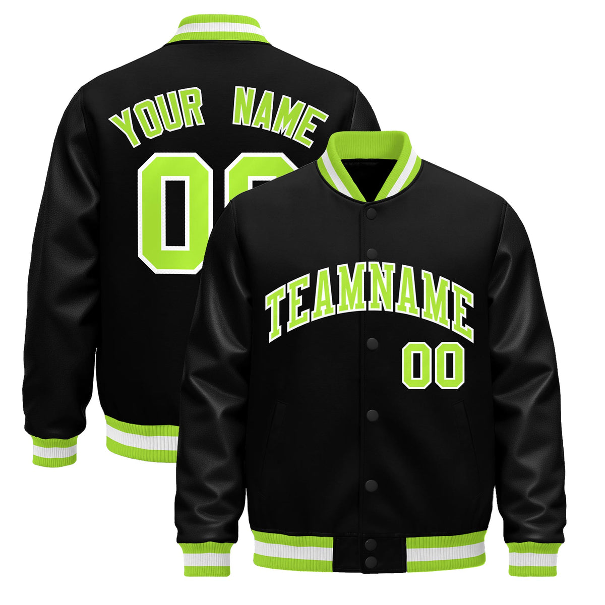 Custom Black Neon Green White Jacket - Classic Style Leather Sleeves Wrinkle-Resistant
