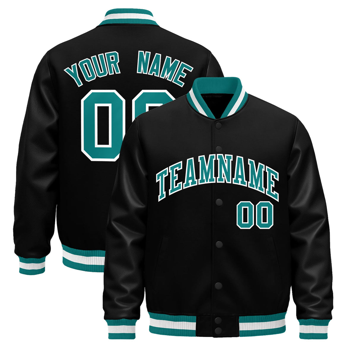 Custom Black Aqua White Jacket - Classic Style Leather Sleeves Wrinkle-Resistant