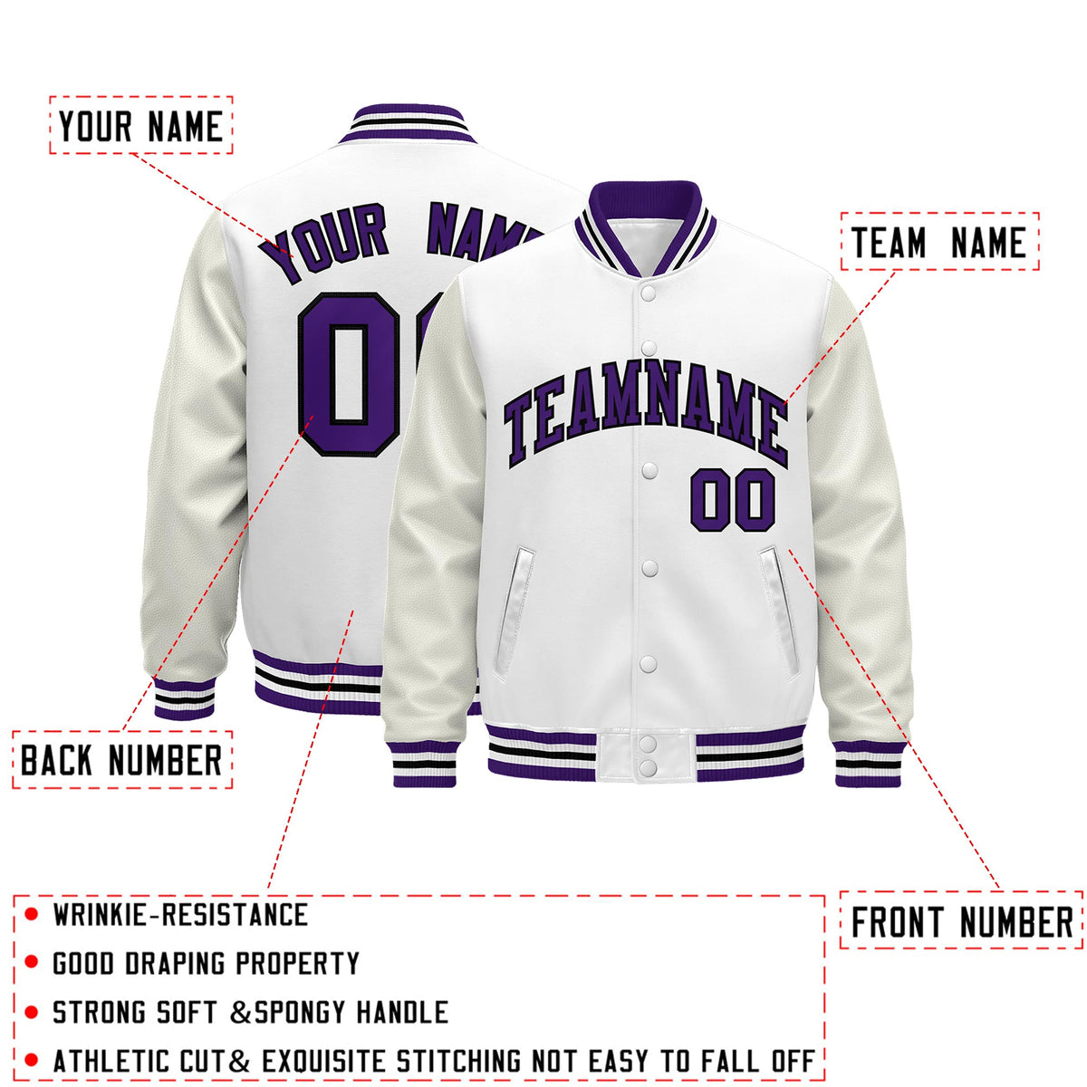 Custom White Purple Black Classic Style Leather Sleeves Wrinkle-Resistant Jacket| KXKSHOP